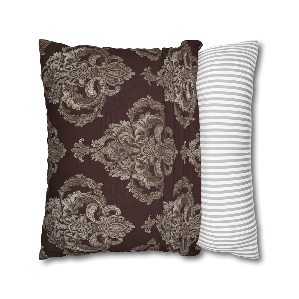 Elegant Damask Square Pillowcase: Taupe & Gray Motifs on Chocolate Brown, Sophisticated Home Decor