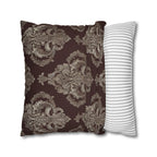 Elegant Damask Square Pillowcase: Taupe & Gray Motifs on Chocolate Brown, Sophisticated Home Decor