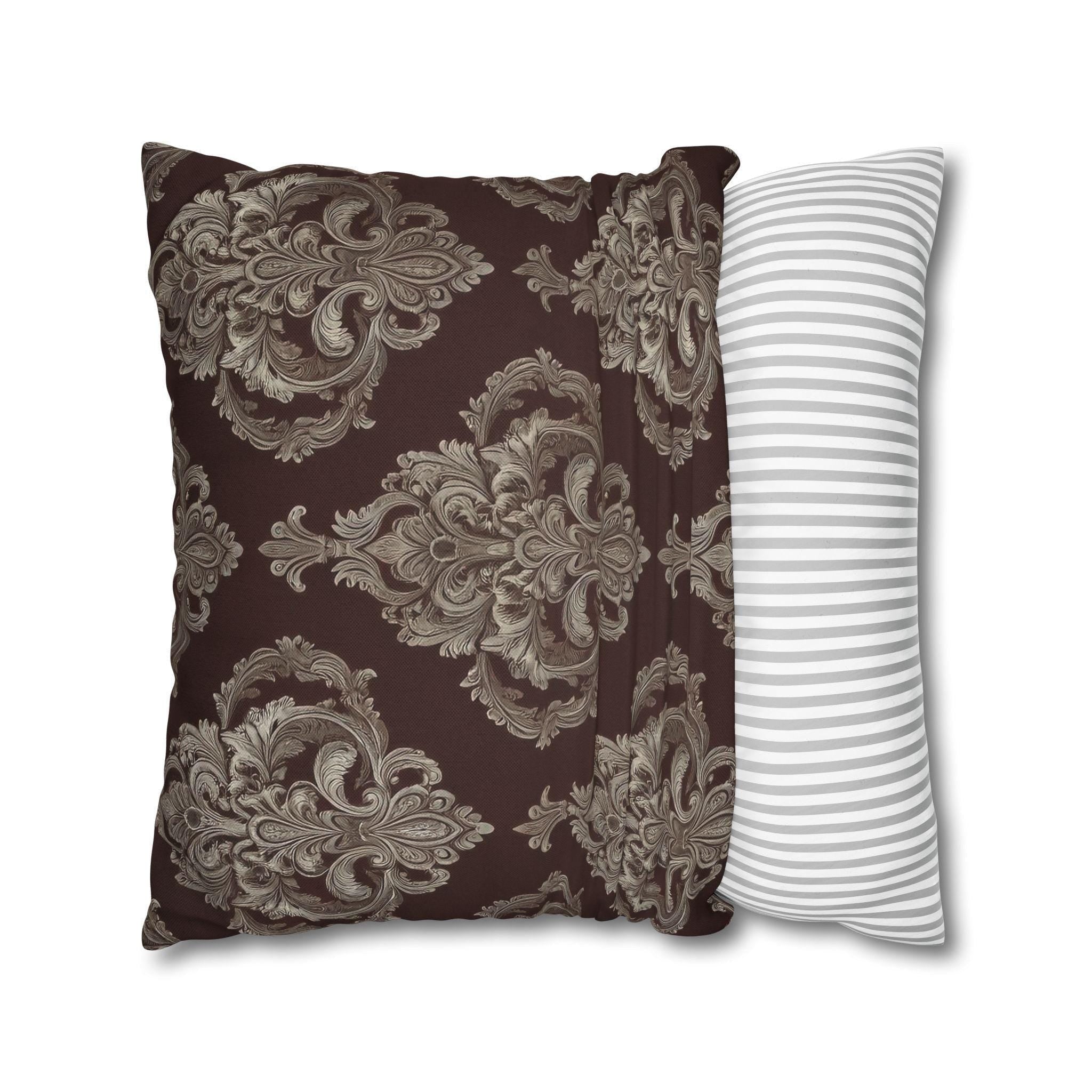 Elegant Damask Square Pillowcase: Taupe & Gray Motifs on Chocolate Brown, Sophisticated Home Decor