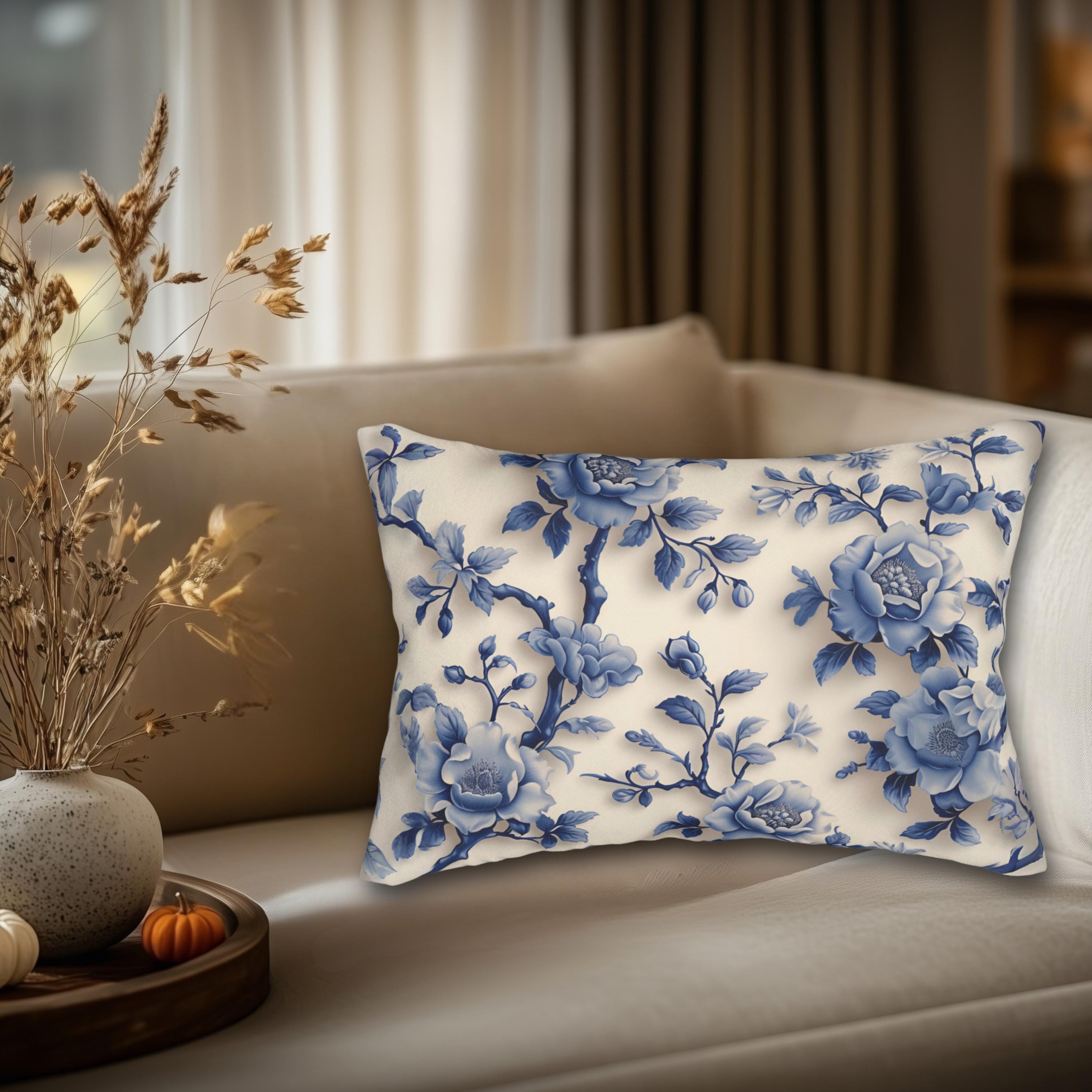 Elegant Chinoiserie Floral Lumbar Pillow - Asian-Inspired Porcelain Design Home Accent (20x14)
