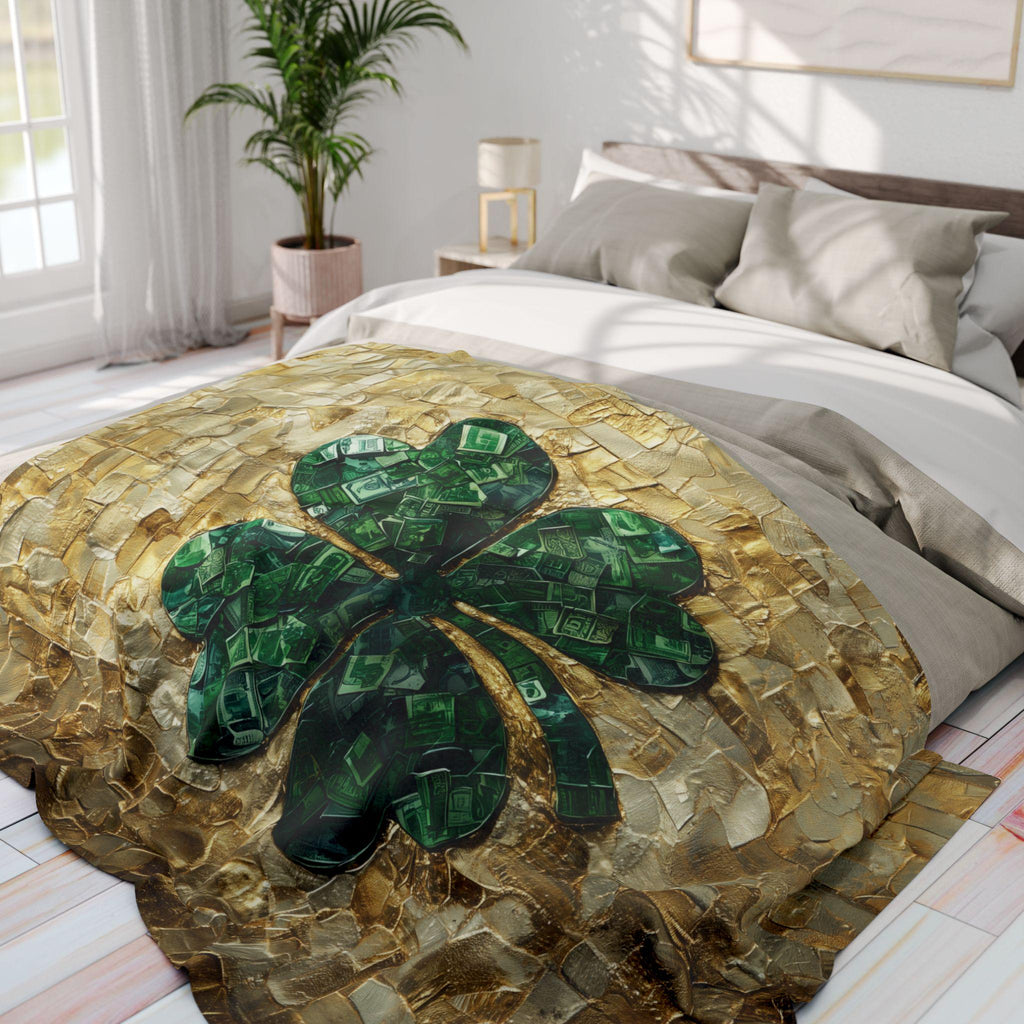 St Patrick's Day Lucky Clover Fleece Blanket - Green and Gold Irish Heritage Throw for Wealth & Fortune