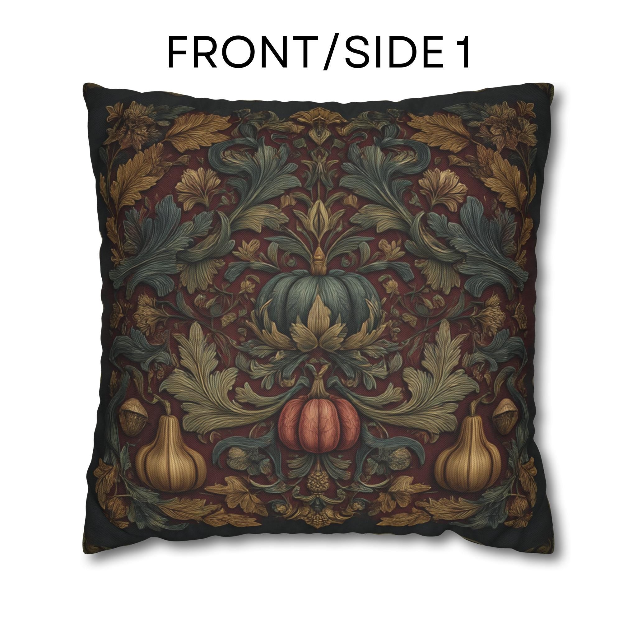 Fall Harvest Pillow Cover: William Morris Style with Pumpkins & Gourds on Merlot Red Wine