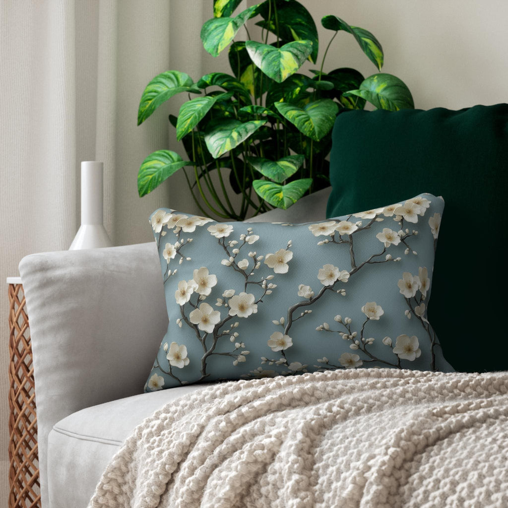 Chinoiserie Lumbar Pillow: Blue-Teal Gradient with Cherry Blossom Design - Elegant Home Decor Accent