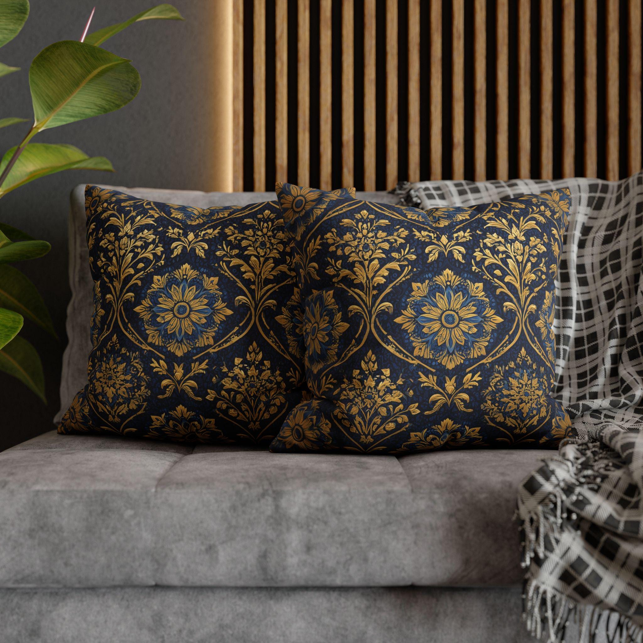 Blue and Gold Damask Pillow Cover: Vintage Style Regal Cushion