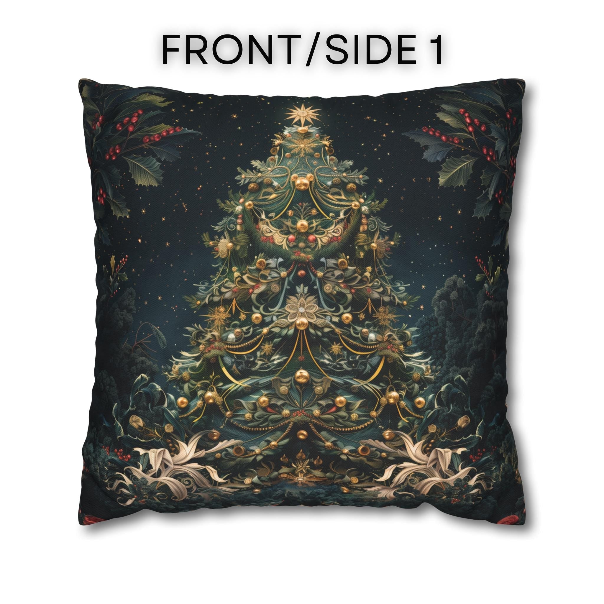 William Morris Inspired Christmas Tree Pillow Cover: Vintage Holiday Decor with Dark Blue-Green Back