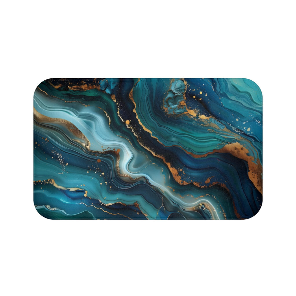 Elegant Teal & Gold Ocean Wave Bath Mat: Abstract Bathroom Decor, Luxury Spa Floor Accent