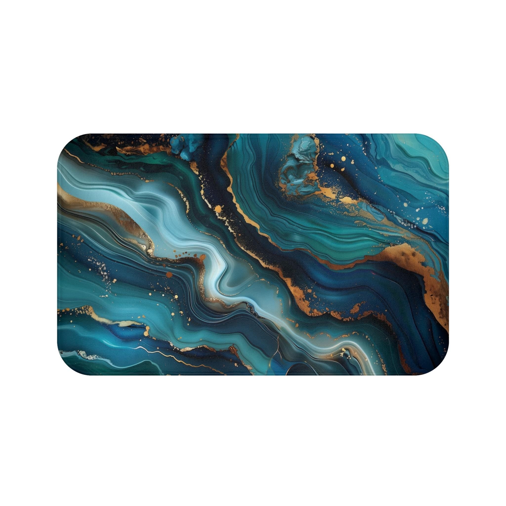 Elegant Teal & Gold Ocean Wave Bath Mat: Abstract Bathroom Decor, Luxury Spa Floor Accent