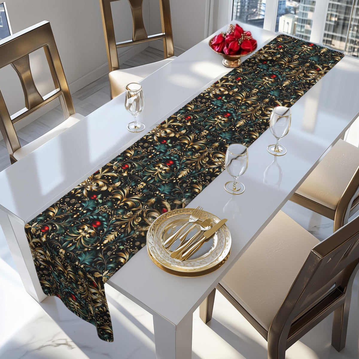 Art Nouveau Christmas Table Runner: Ornate Gold Botanical Holiday Dining Decor