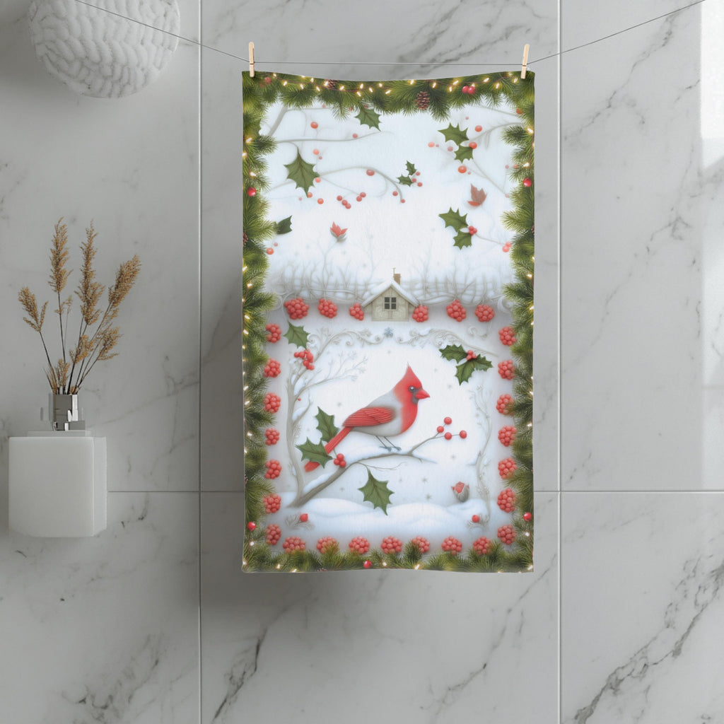 Red Cardinal Christmas Hand Towel: Winter Berry Tea Towel