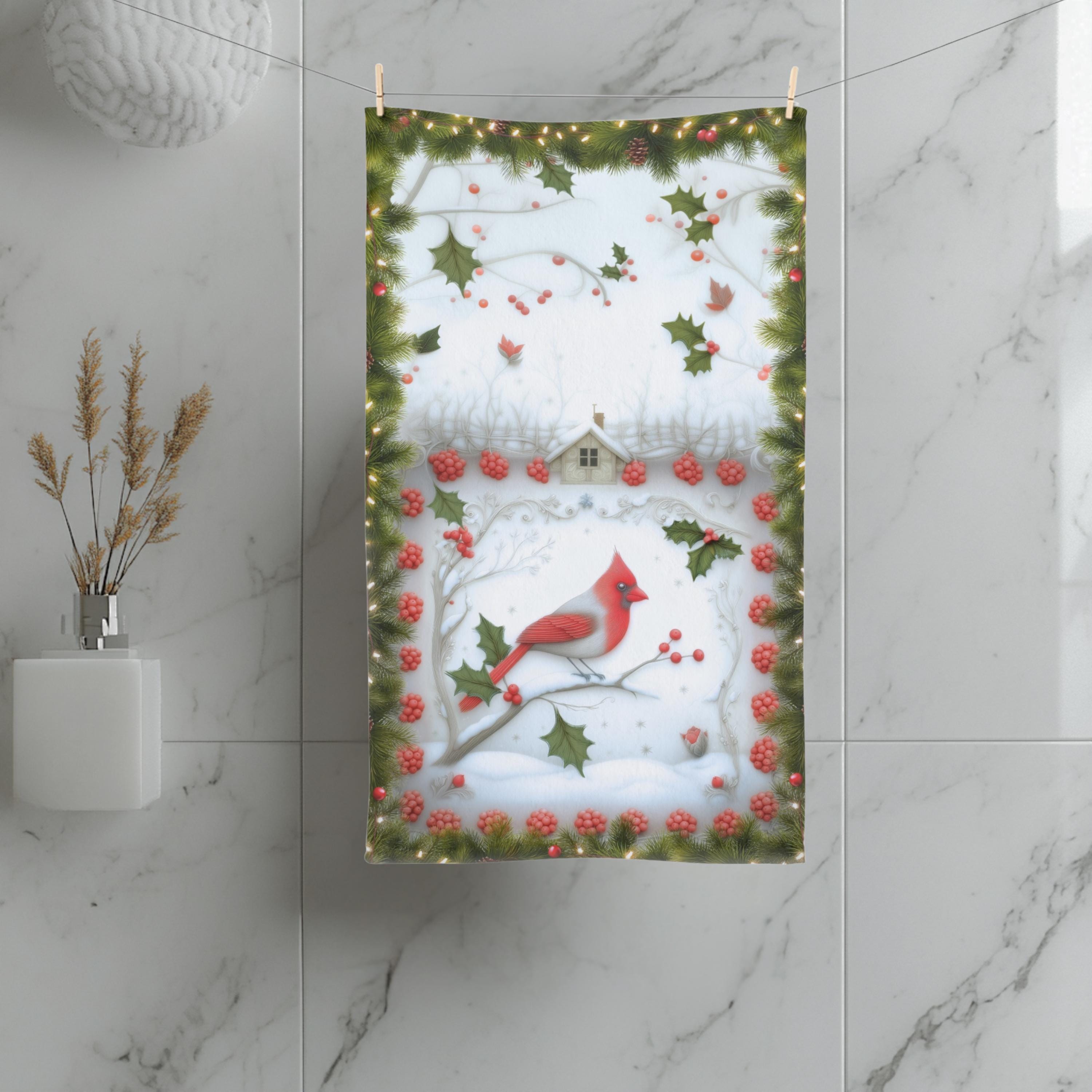 Red Cardinal Christmas Hand Towel: Winter Berry Tea Towel
