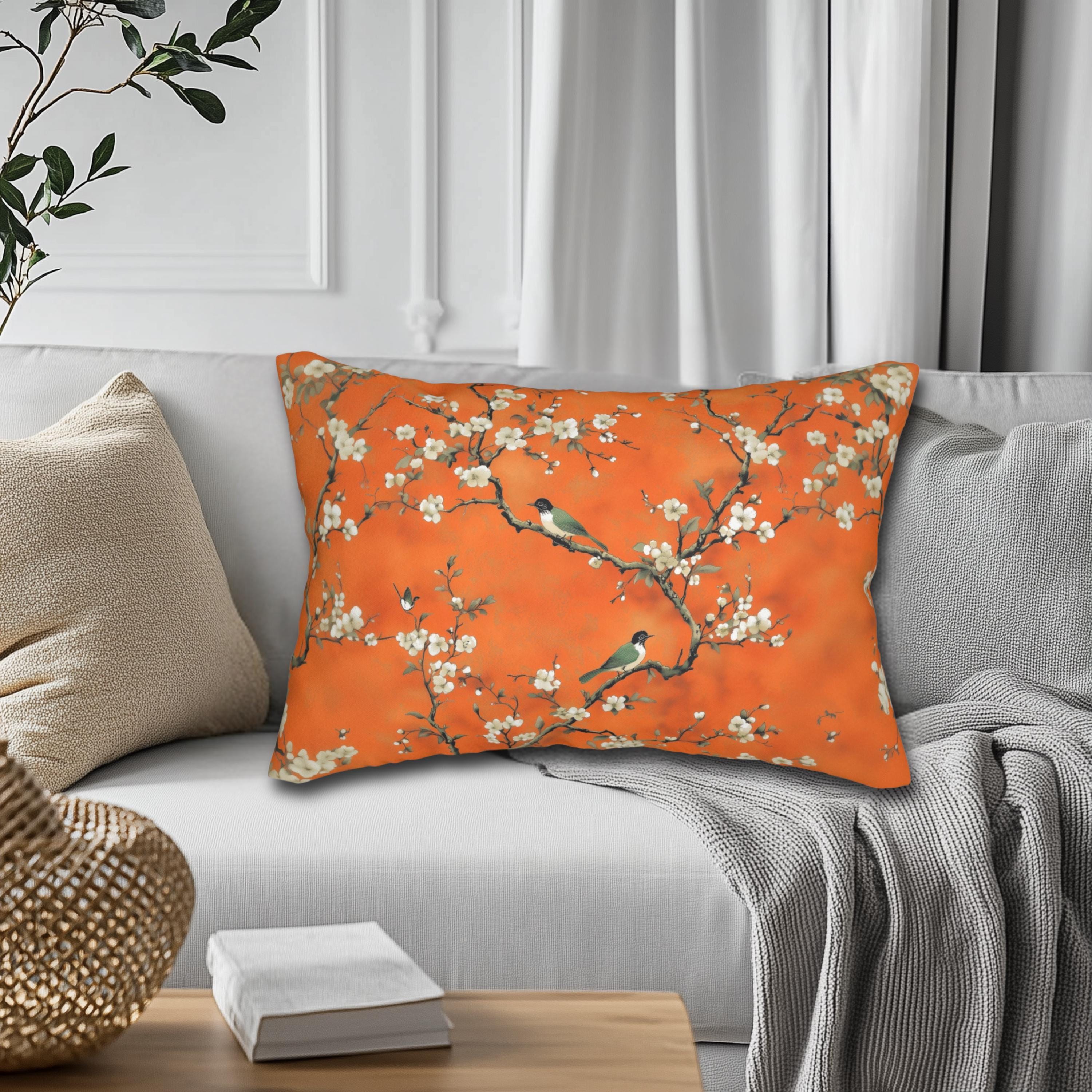 Elegant Chinoiserie Lumbar Pillow: Burnt Orange Asian-Inspired Floral Bird Design