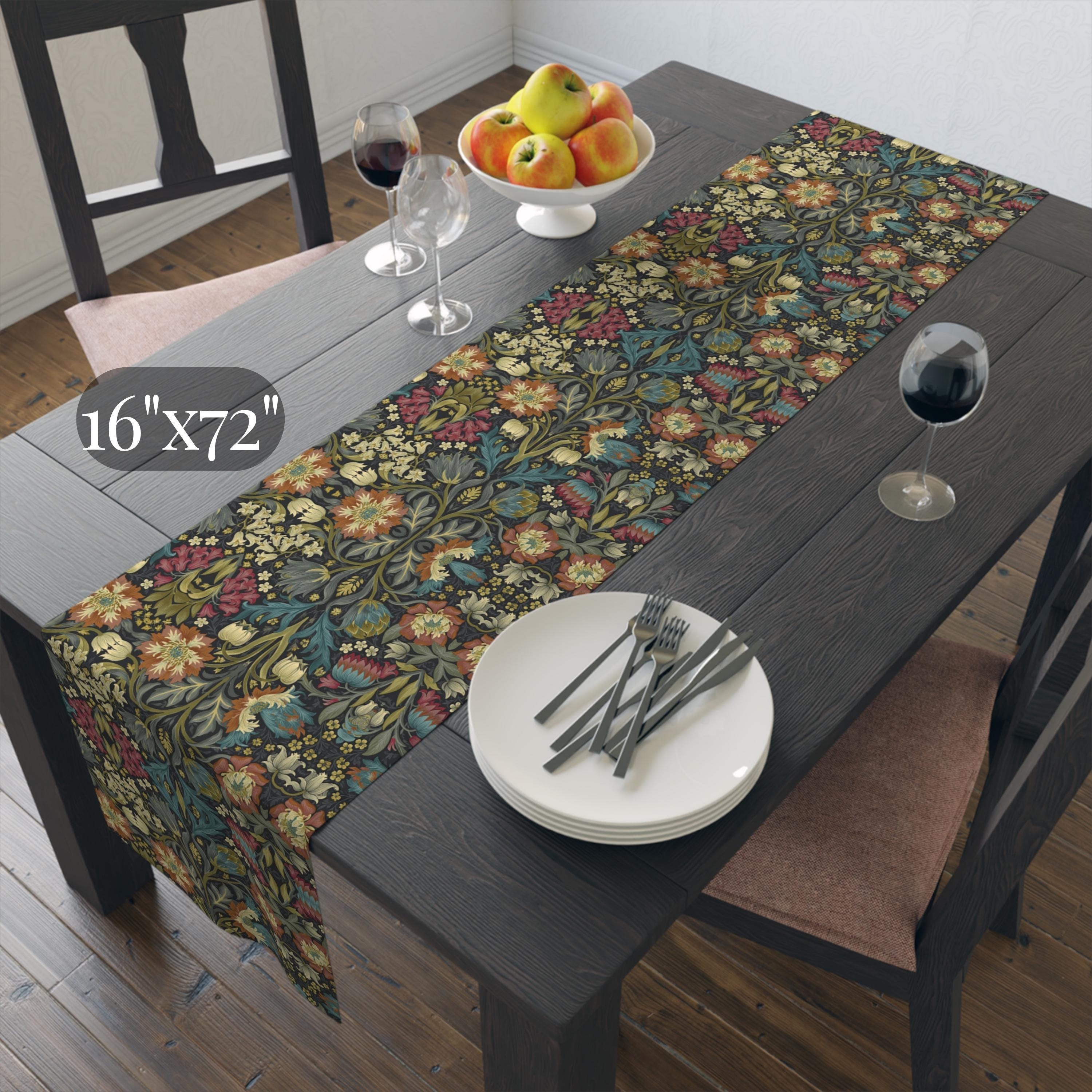 William Morris Inspired Table Runner: Midnight Navy Botanical Design