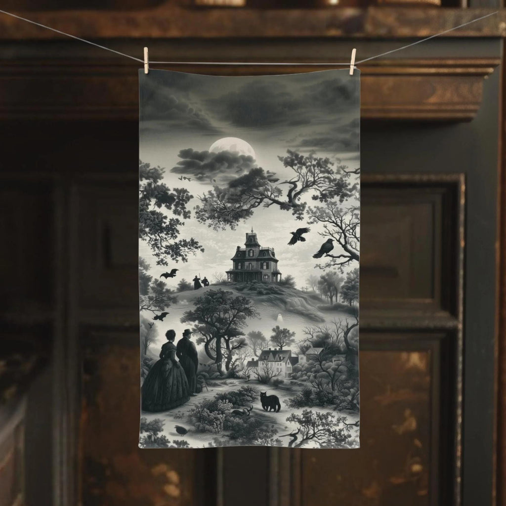 Halloween Toile Hand Towel: Haunted House, Crows and Black Cat in Monochrome