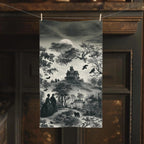 Halloween Toile Hand Towel: Haunted House, Crows and Black Cat in Monochrome