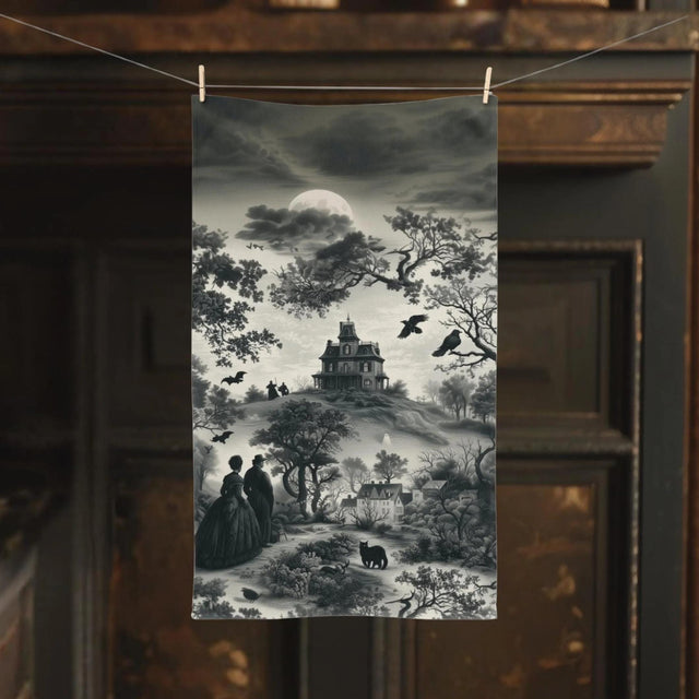 Halloween Toile Hand Towel: Haunted House, Crows and Black Cat in Monochrome