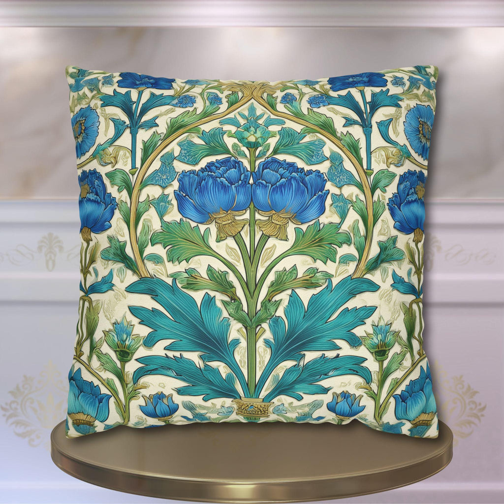 William Morris Inspired Teal Floral Pillow Cover: Art Nouveau Botanical Accent for Victorian Decor