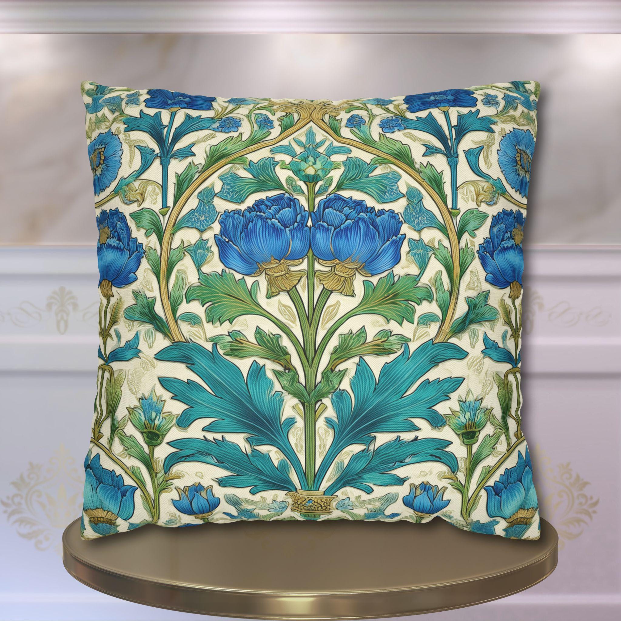 William Morris Inspired Teal Floral Pillow Cover: Art Nouveau Botanical Accent for Victorian Decor