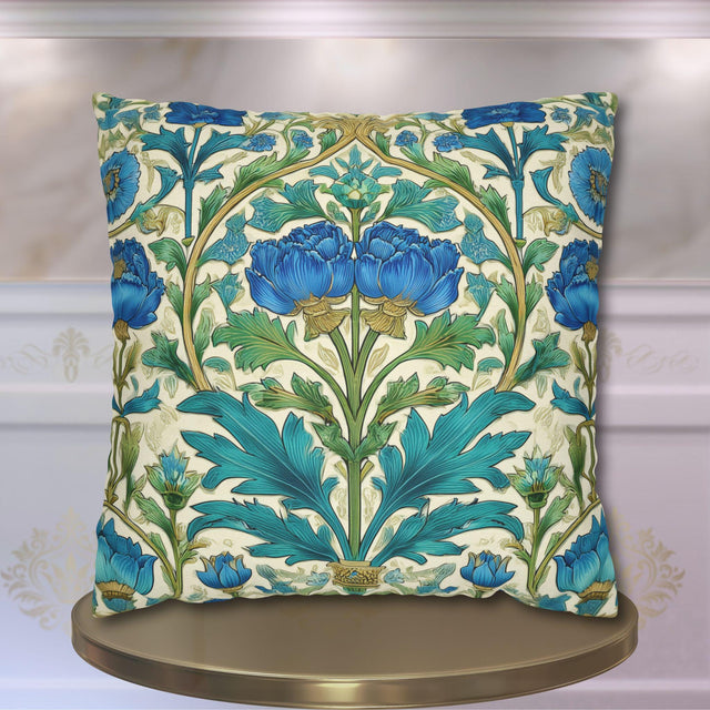 William Morris Inspired Teal Floral Pillow Cover: Art Nouveau Botanical Accent for Victorian Decor