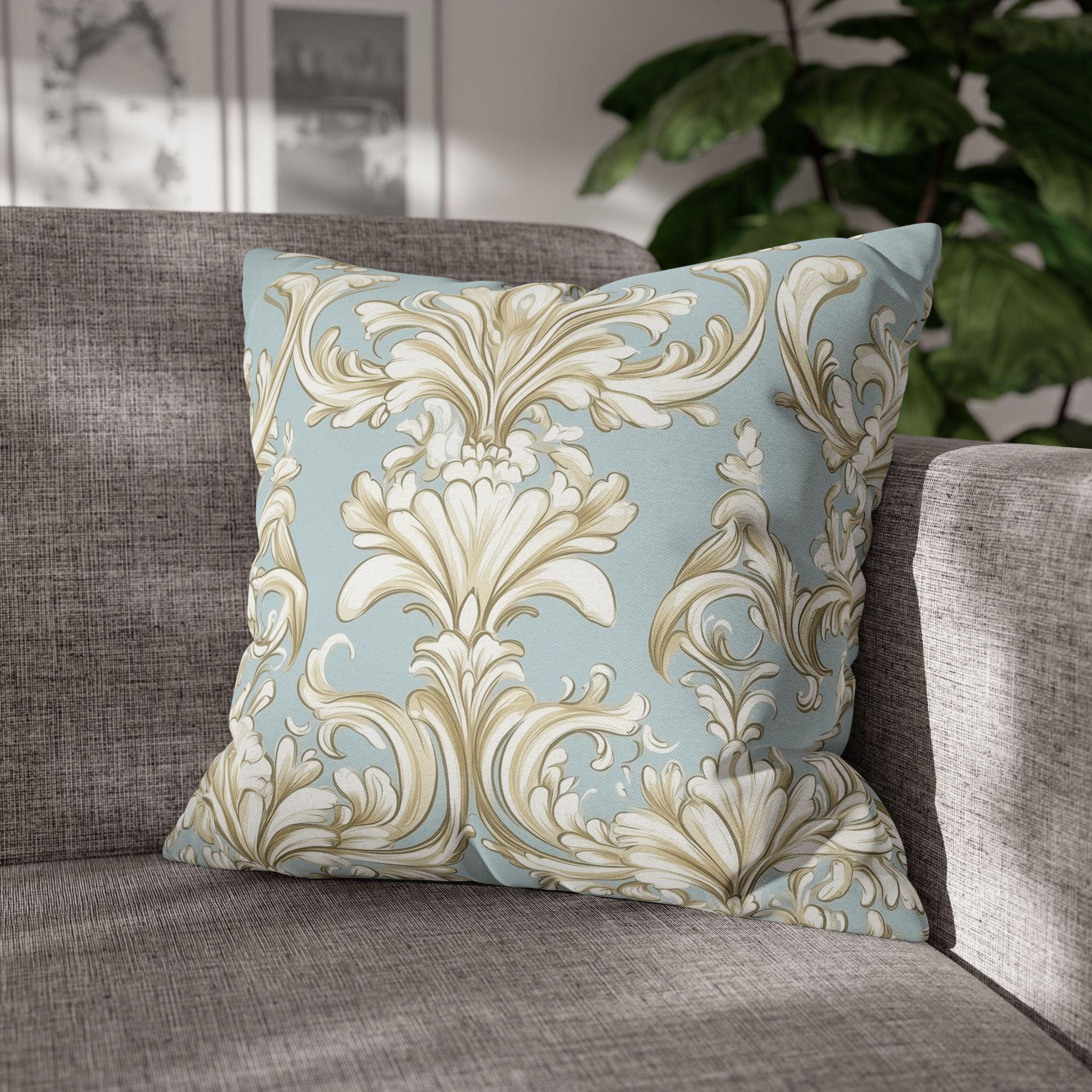 Elegant Baroque Champagne & Powder Blue Pillow Cover: Vintage-Style Bedroom Accent for Luxurious Home Decor
