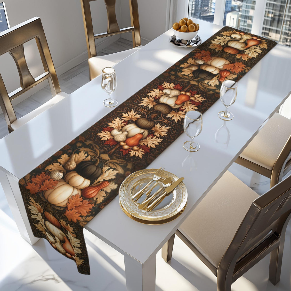 William Morris Pumpkin Patch Table Runner: Cream, Orange, Brown Fall Dining Decor