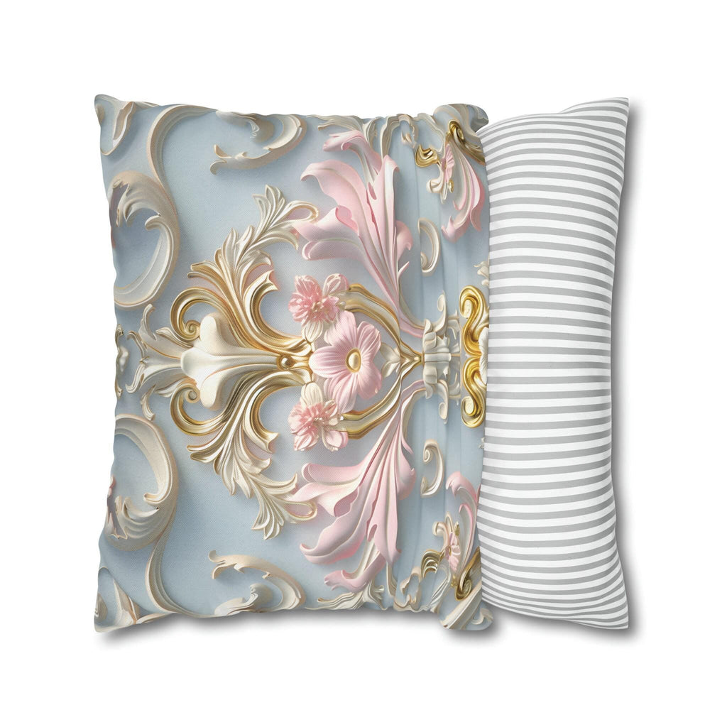 Rococo Pillow Cover: Pink Acanthus, Gold Motif, Blue-Grey Cushion
