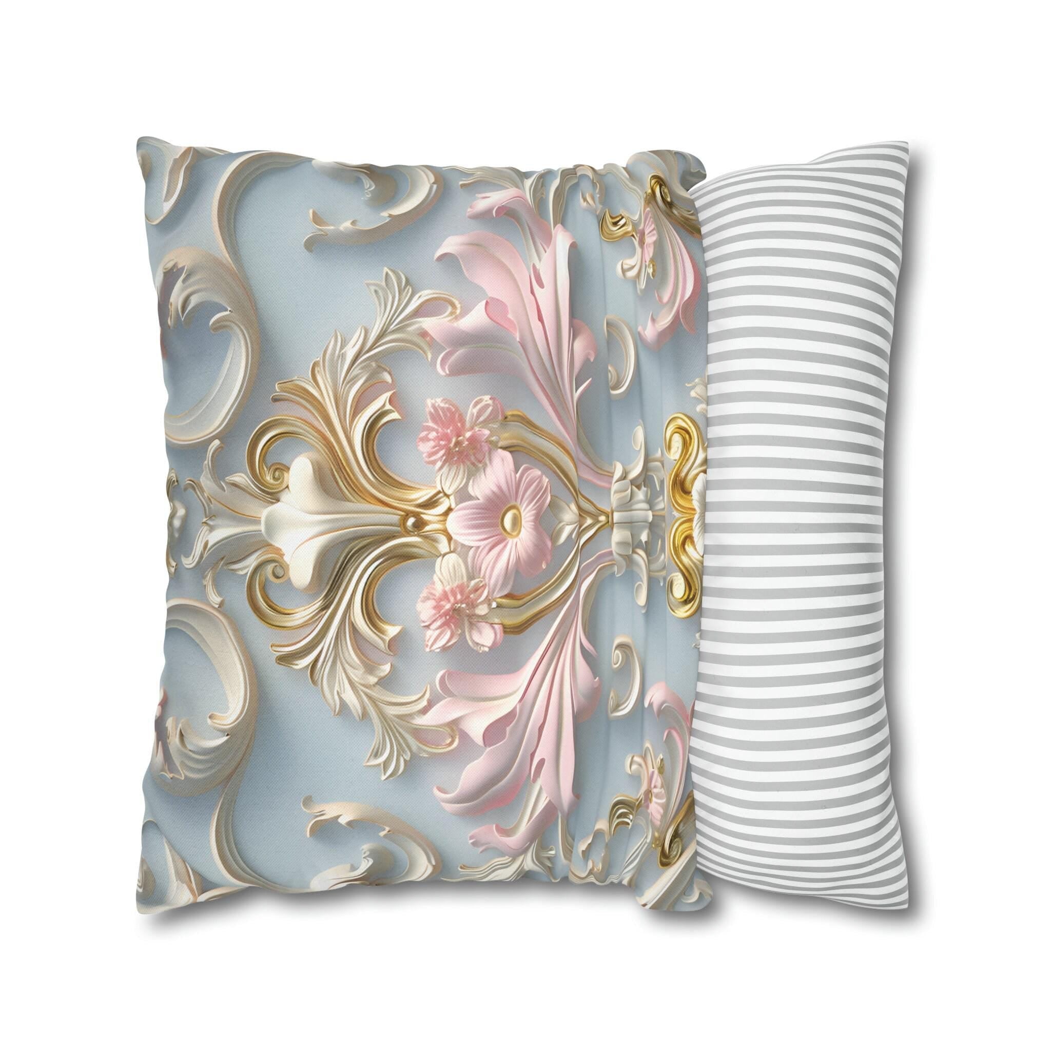 Rococo Pillow Cover: Pink Acanthus, Gold Motif, Blue-Grey Cushion