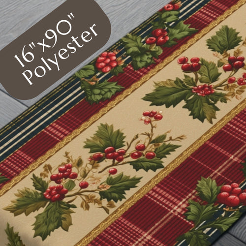 Christmas Table Runner: Classic Holly & Tartan Plaid