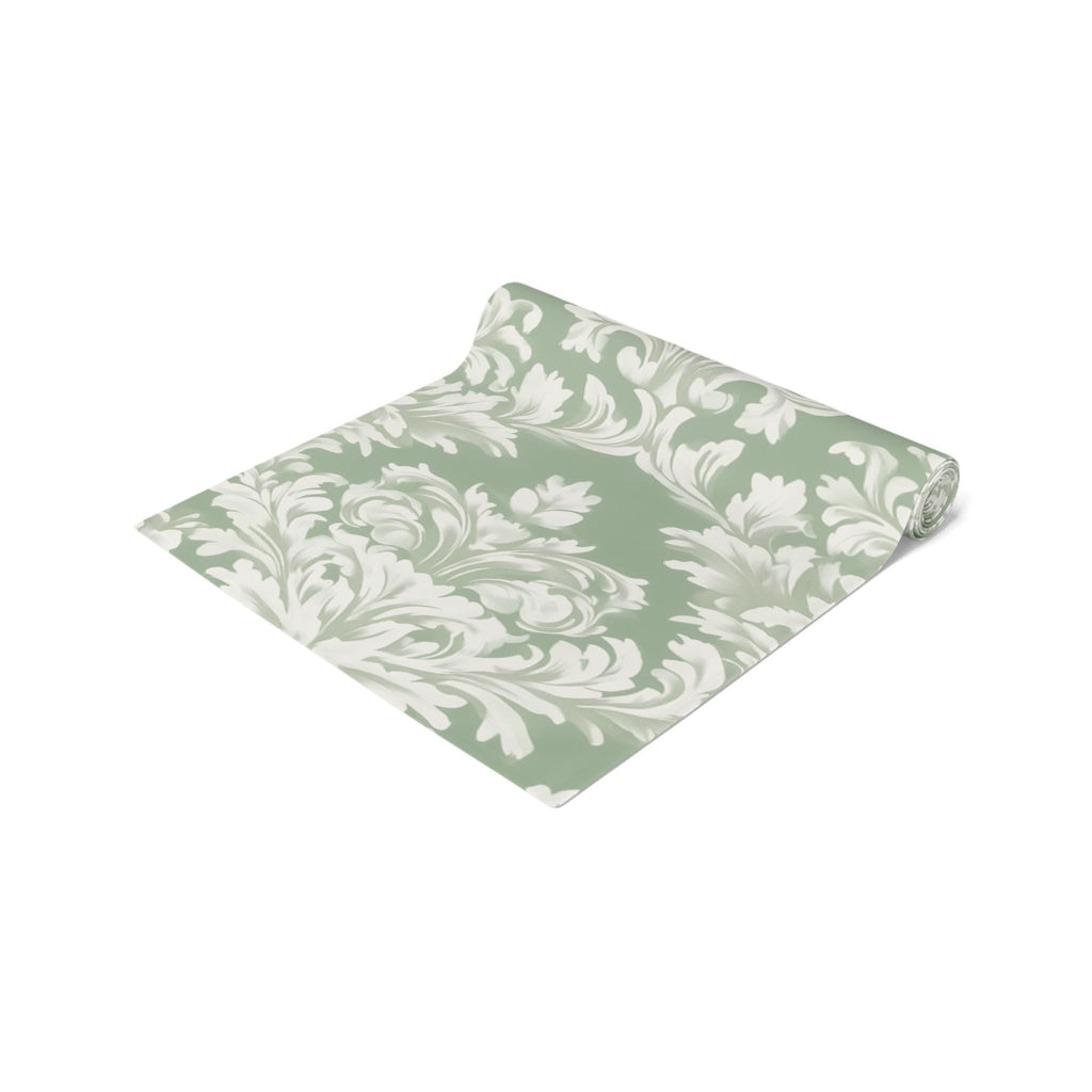 Elegant Muted Green Damask Table Runner: Timeless Floral Design for Weddings, Dining & Home Decor