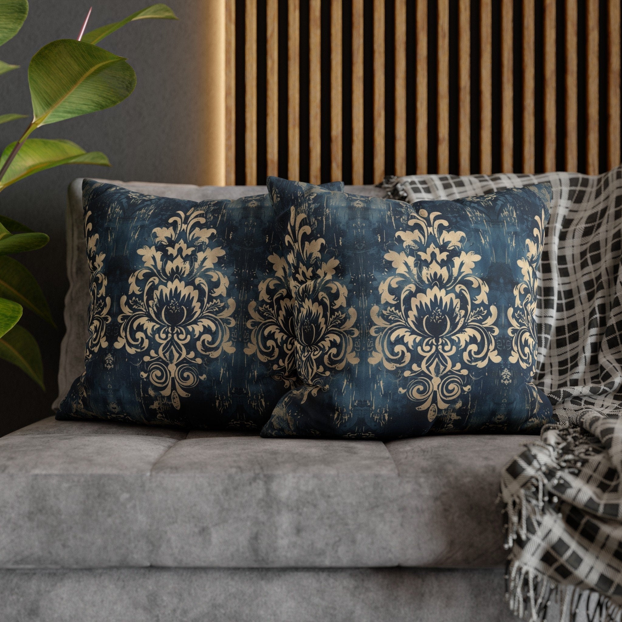 Navy Blue Damask Throw Pillow Cover: Vintage Style Farmhouse Decor