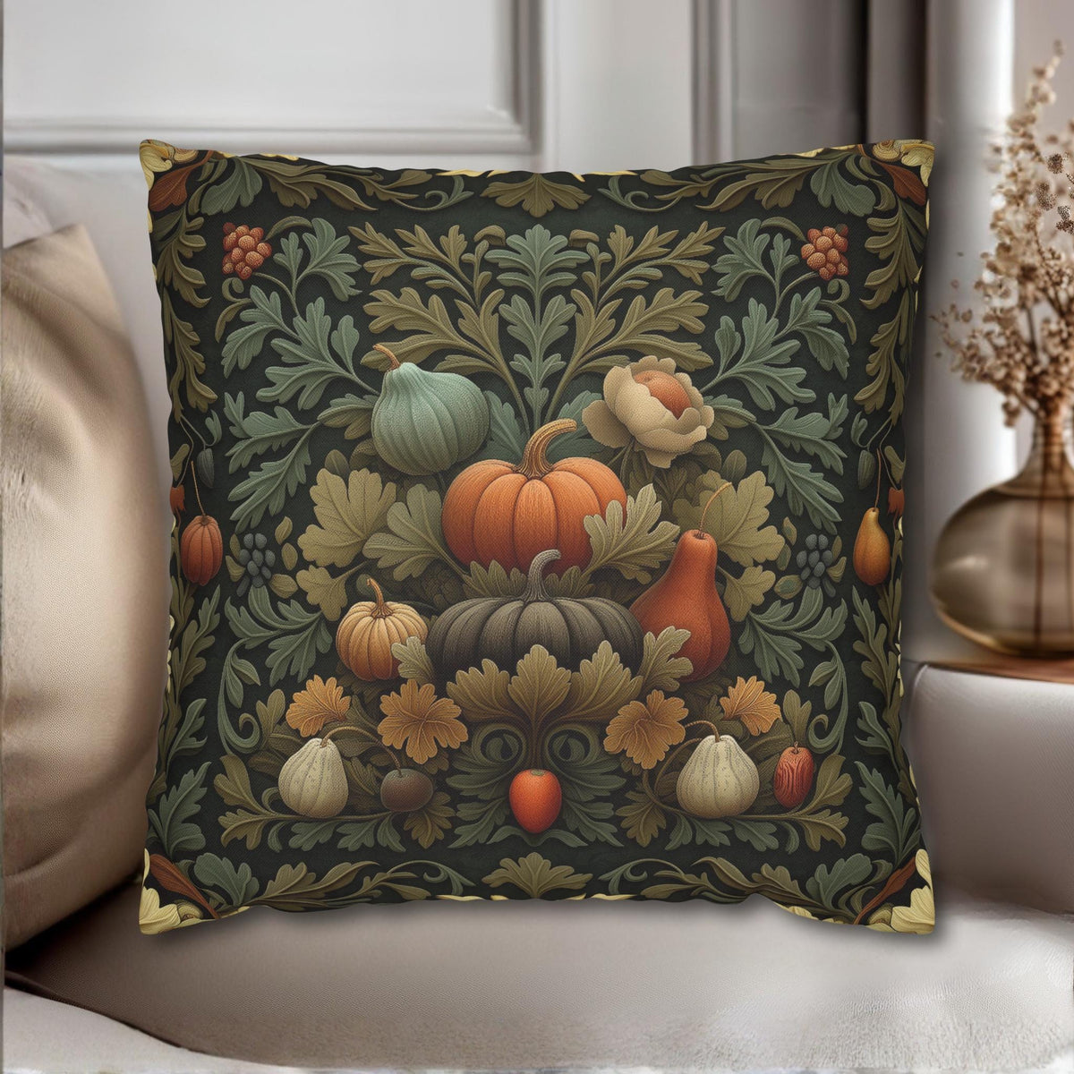 William Morris Inspired Fall Pillow Cover: Sage, Brown & Gold Vintage Style Tapestry
