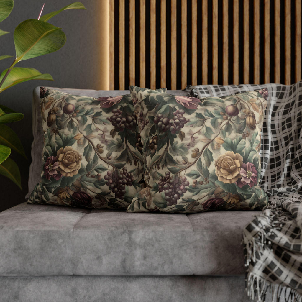 William Morris Inspired Christmas Floral Pillow Cover: Moss, Plum & Gold Square Polyester Cushion Case
