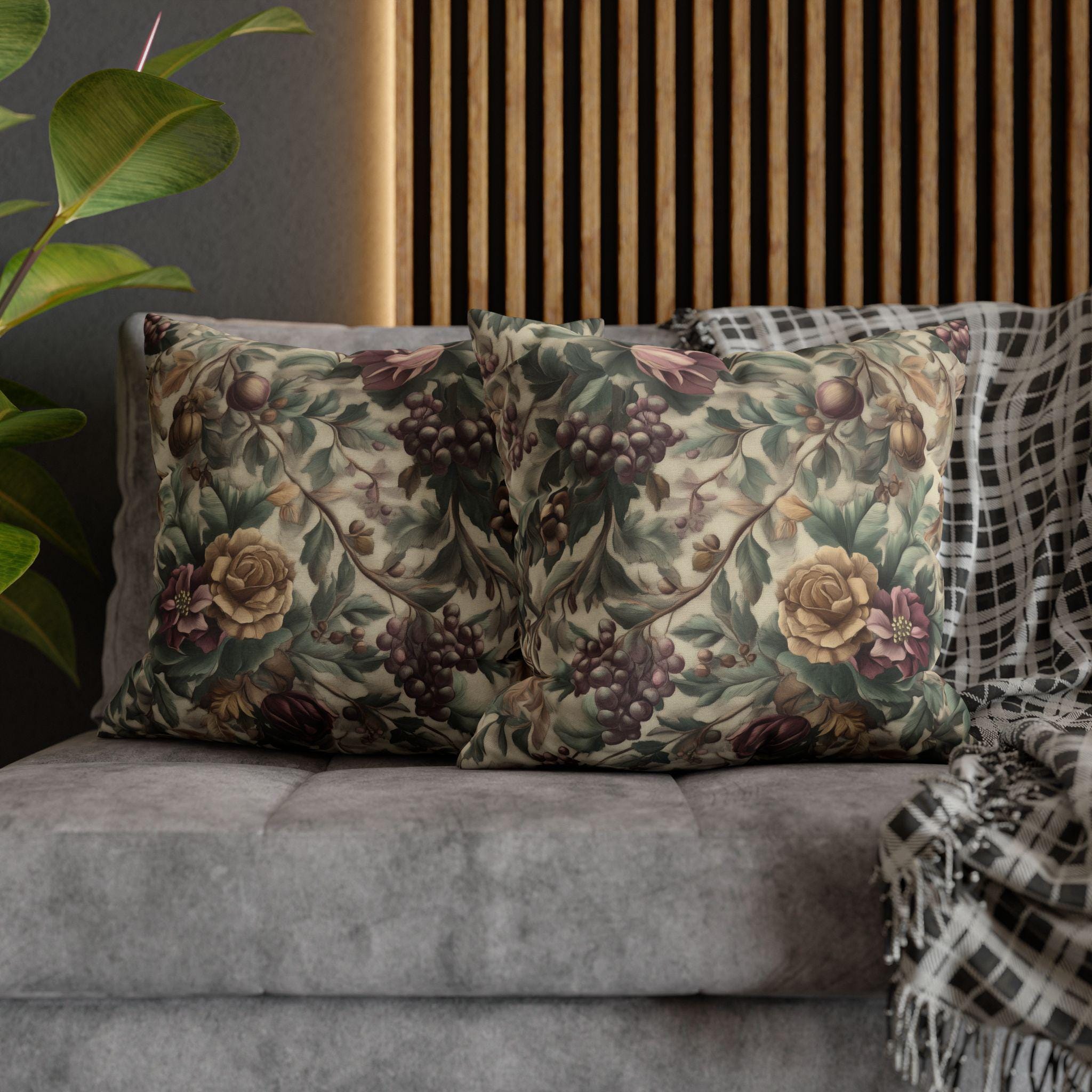 William Morris Inspired Christmas Floral Pillow Cover: Moss, Plum & Gold Square Polyester Cushion Case