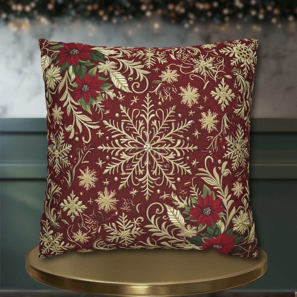Christmas Snowflake Pillow Cover: Crimson Red Antique Gold with Deep Green Accents