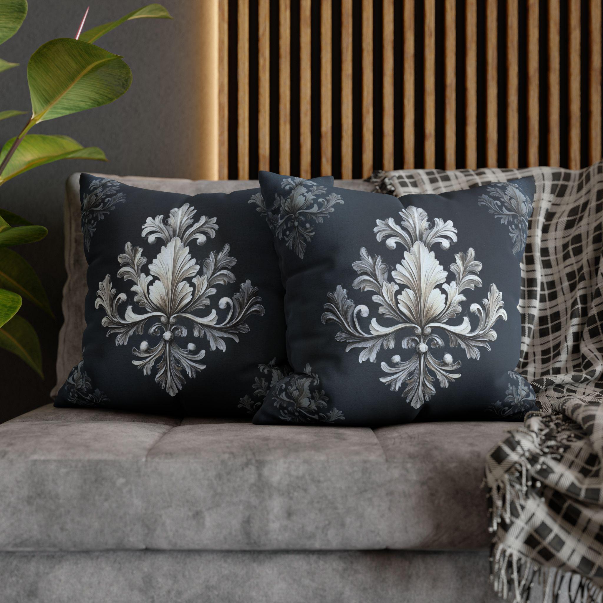 Luxurious Damask Inspired Navy & Silver Pillowcase, Elegant Deep Navy Blue Decor, Classic Home Accent