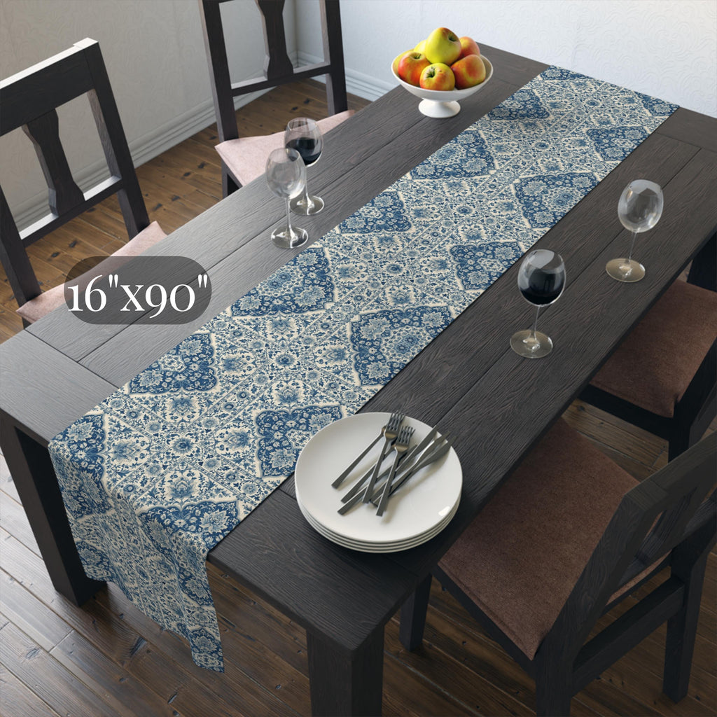 Toile Table Runner: Blue and Cream Botanical Dining Decor