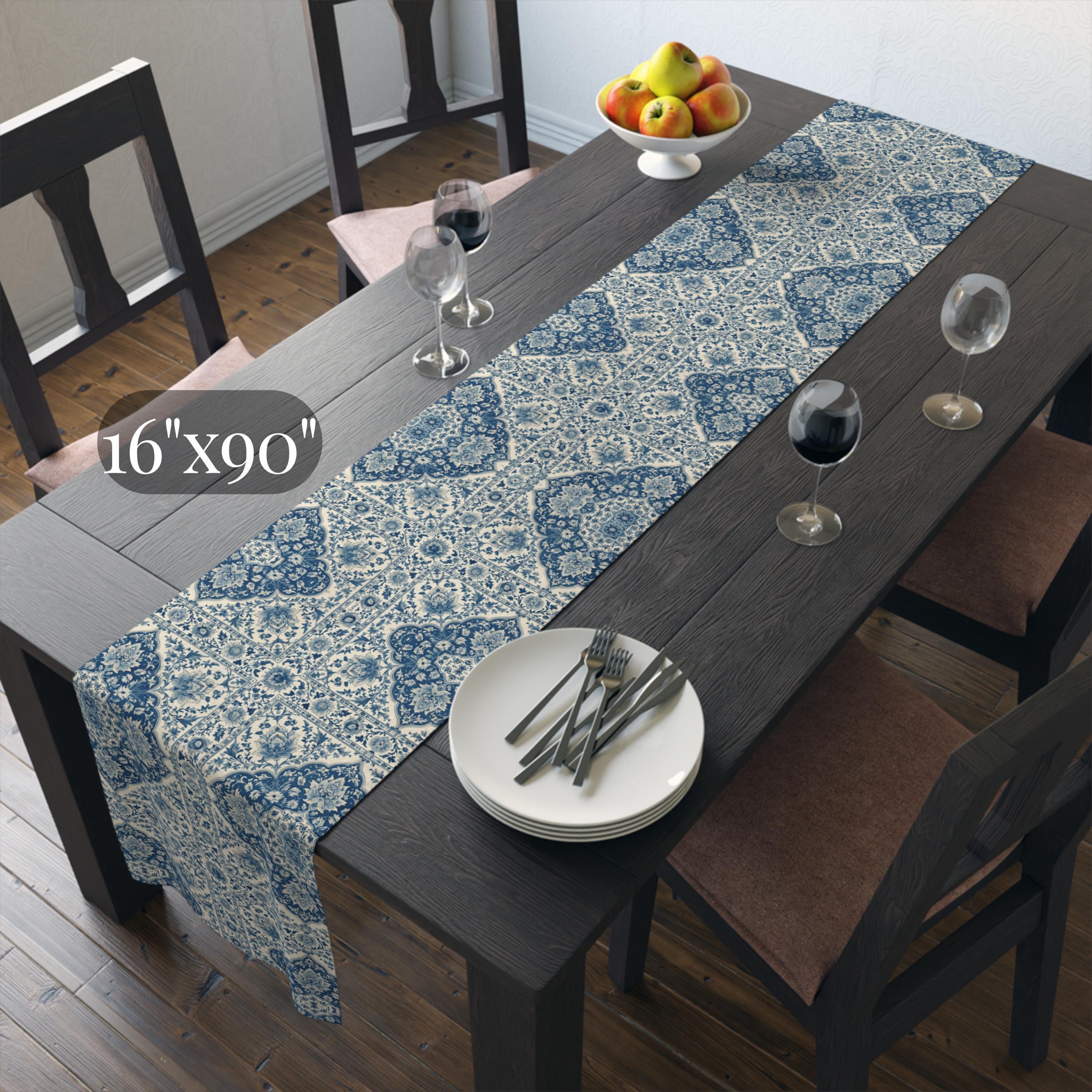 Toile Table Runner: Blue and Cream Botanical Dining Decor