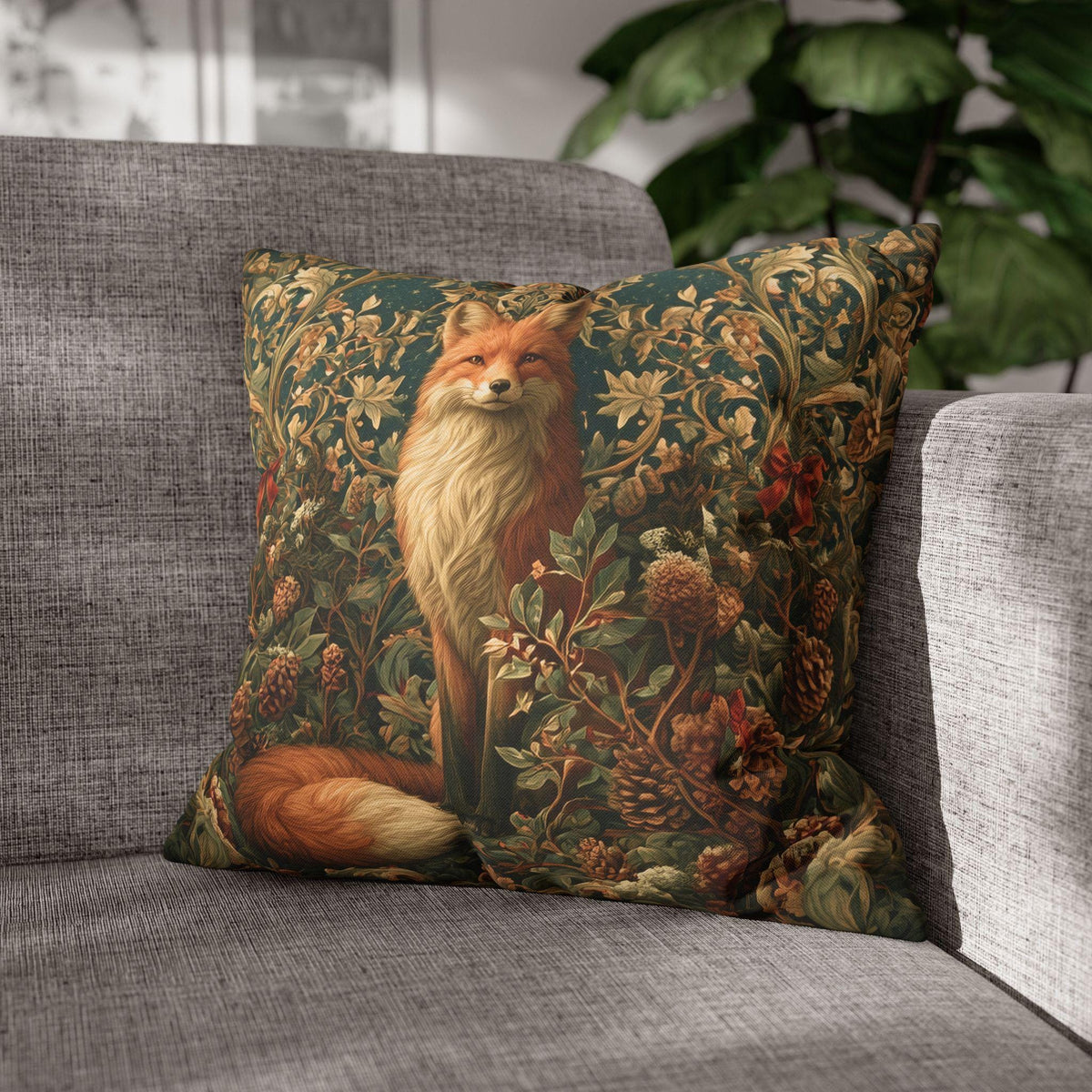 William Morris Inspired Christmas Pillow Cover: Woodland Fox Botanical Holiday Decor