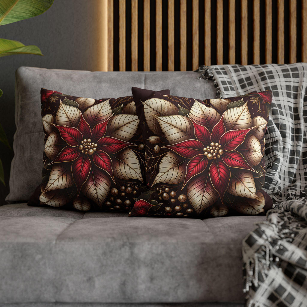 Luxurious Burgundy Poinsettia & Mistletoe Christmas Pillow Cover: Elegant Holiday Decor for Sofa