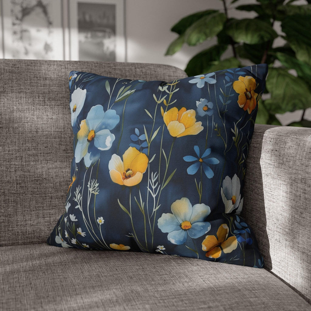 Floral Pillow Cover, Watercolor Style, Elegant Dark Blue, Accent Pillowcase