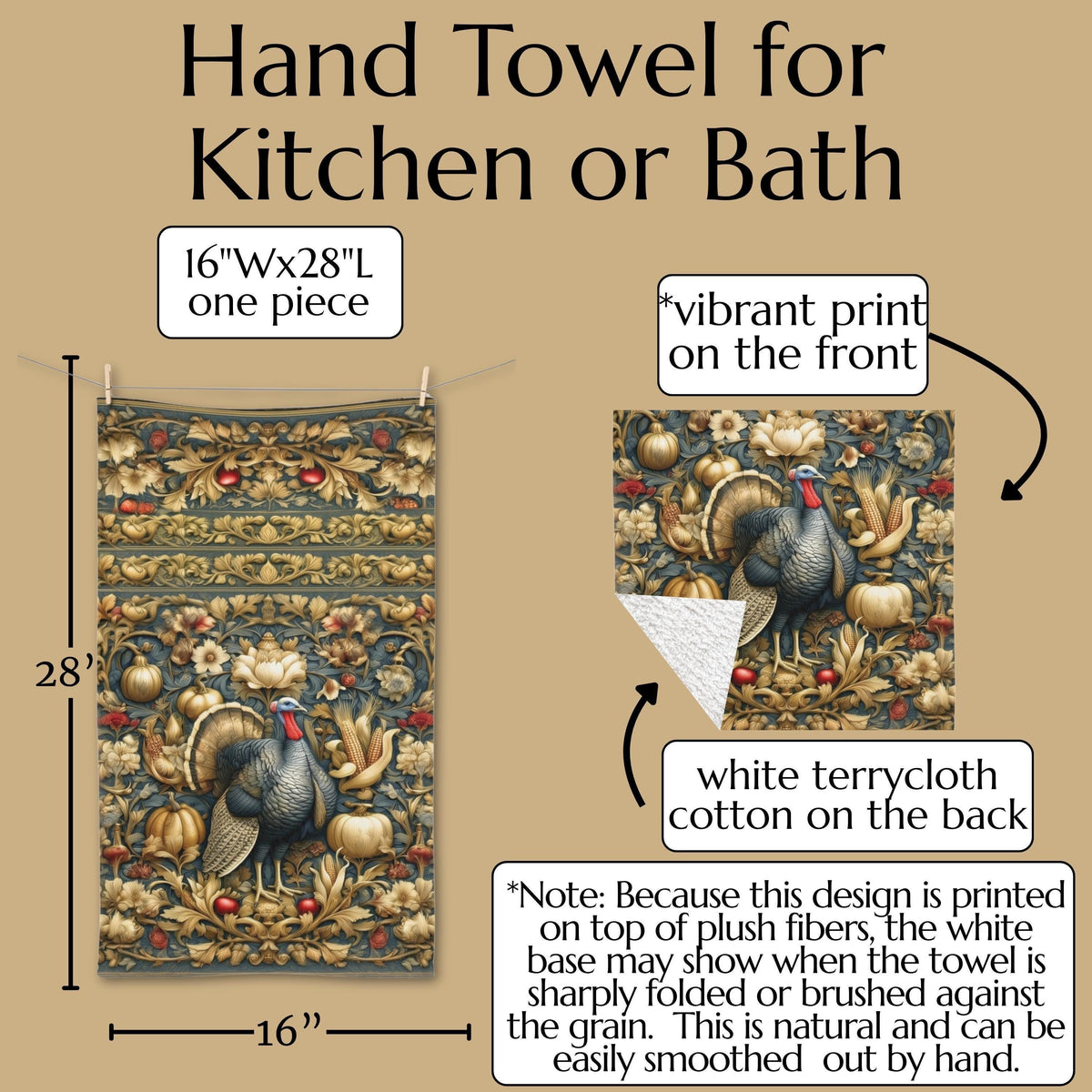 William Morris Autumn Hand Towel: Botanical Thanksgiving Turkey Decor, Grey-Blue and Gold