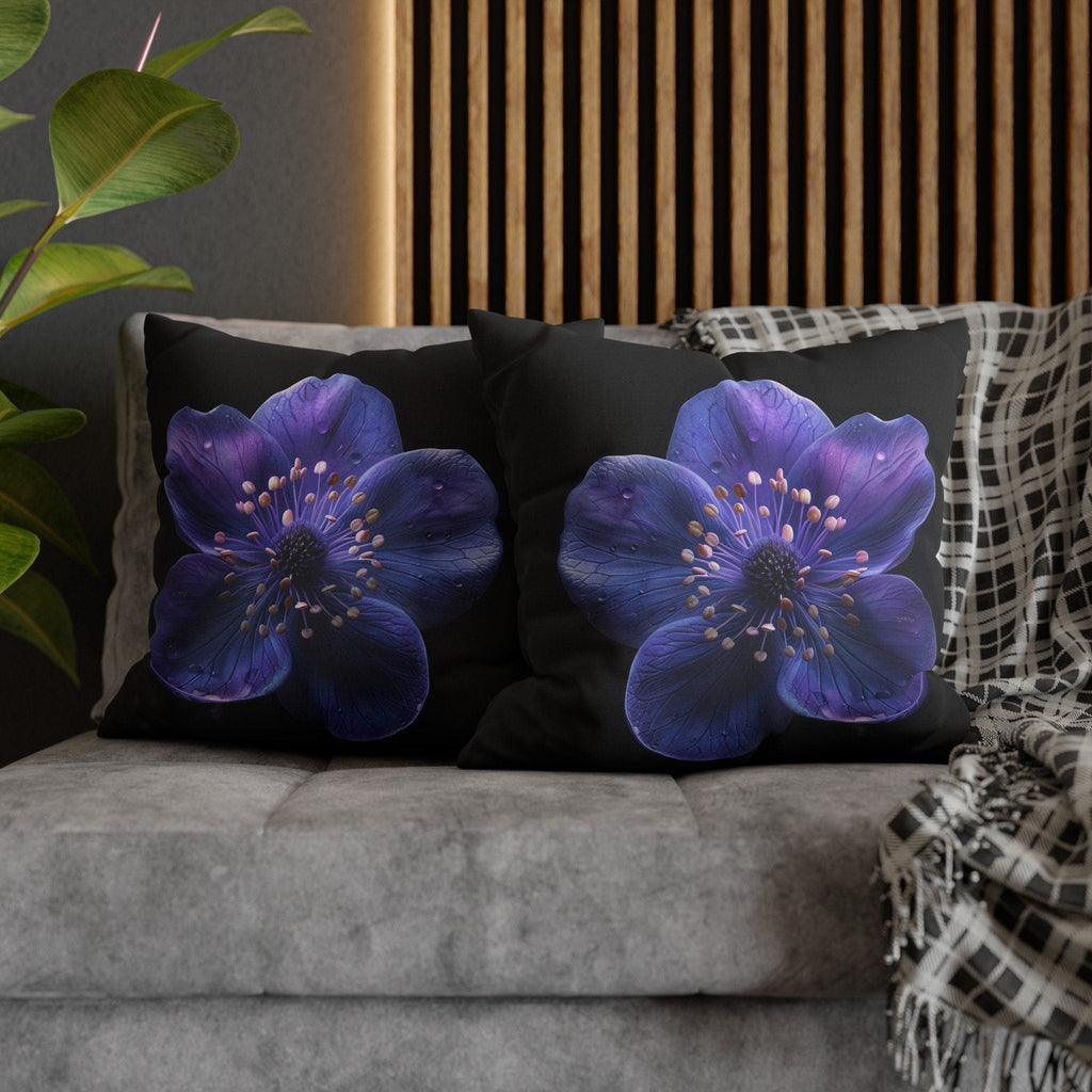 Purple Anemone Floral Pillow Cover, Vivid Flower on Black