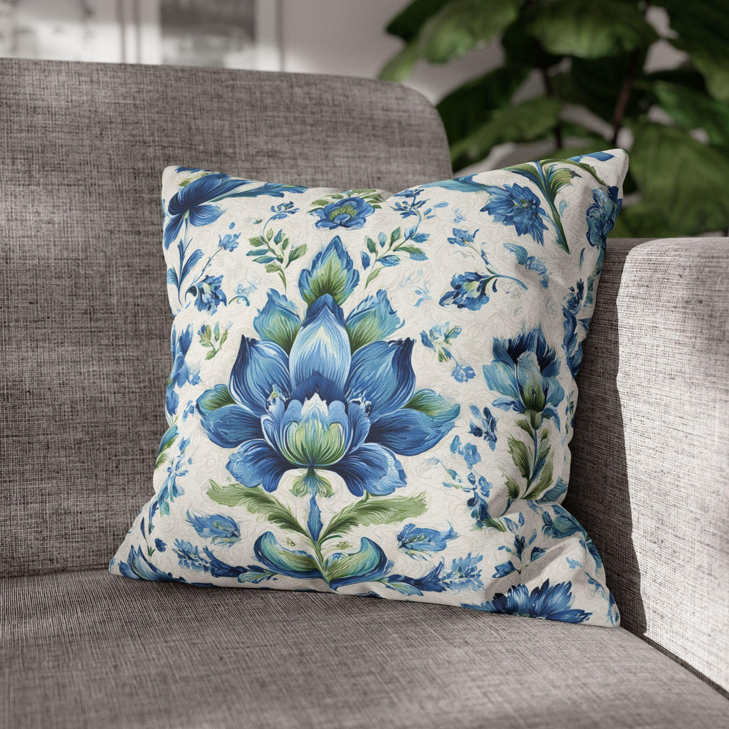 Jacobean Floral Pillow Cover: Blue-Green Botanical Cushion Cover with Modern Traditional Fusion Design