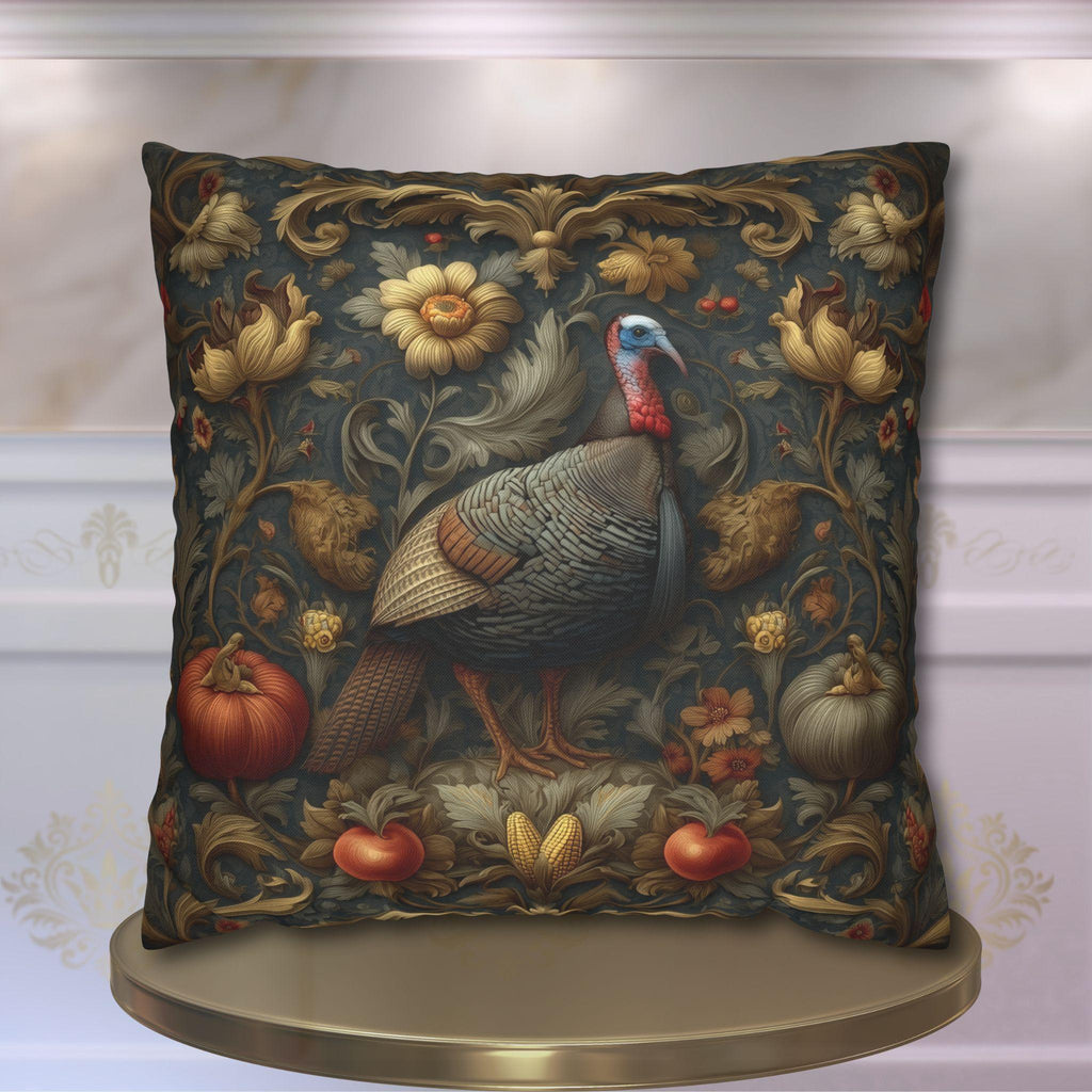 William Morris Wild Turkey Tapestry Pillow Cover: Autumn Harvest Thanksgiving Decor