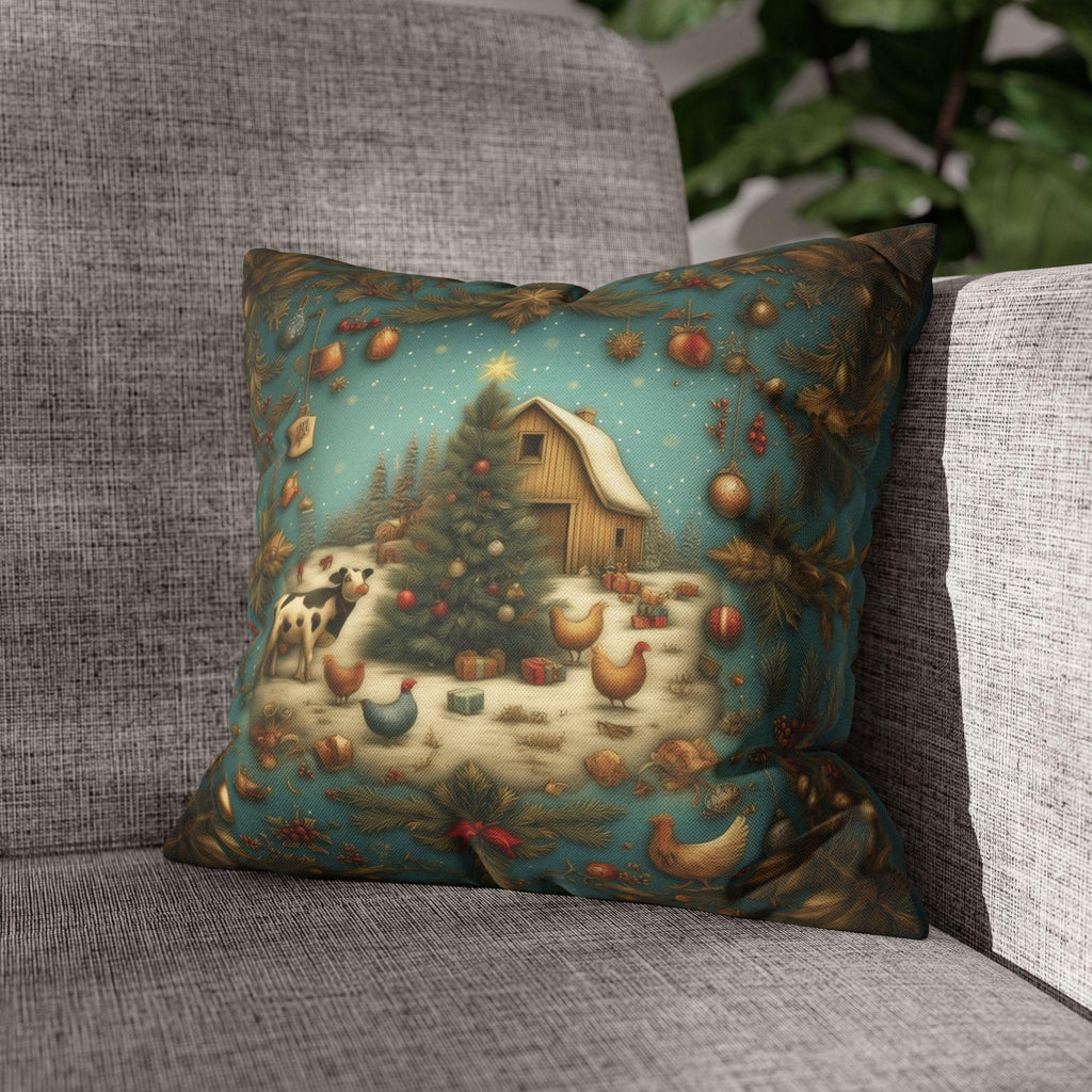 Country Christmas Farmhouse Pillow Cover: Barnyard Holiday Scene