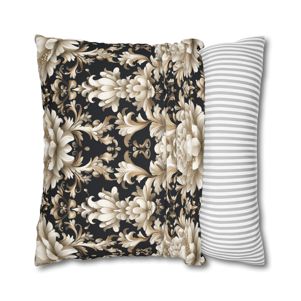 Floral Damask Pillow Cover, Ivory Champagne Gold on Black