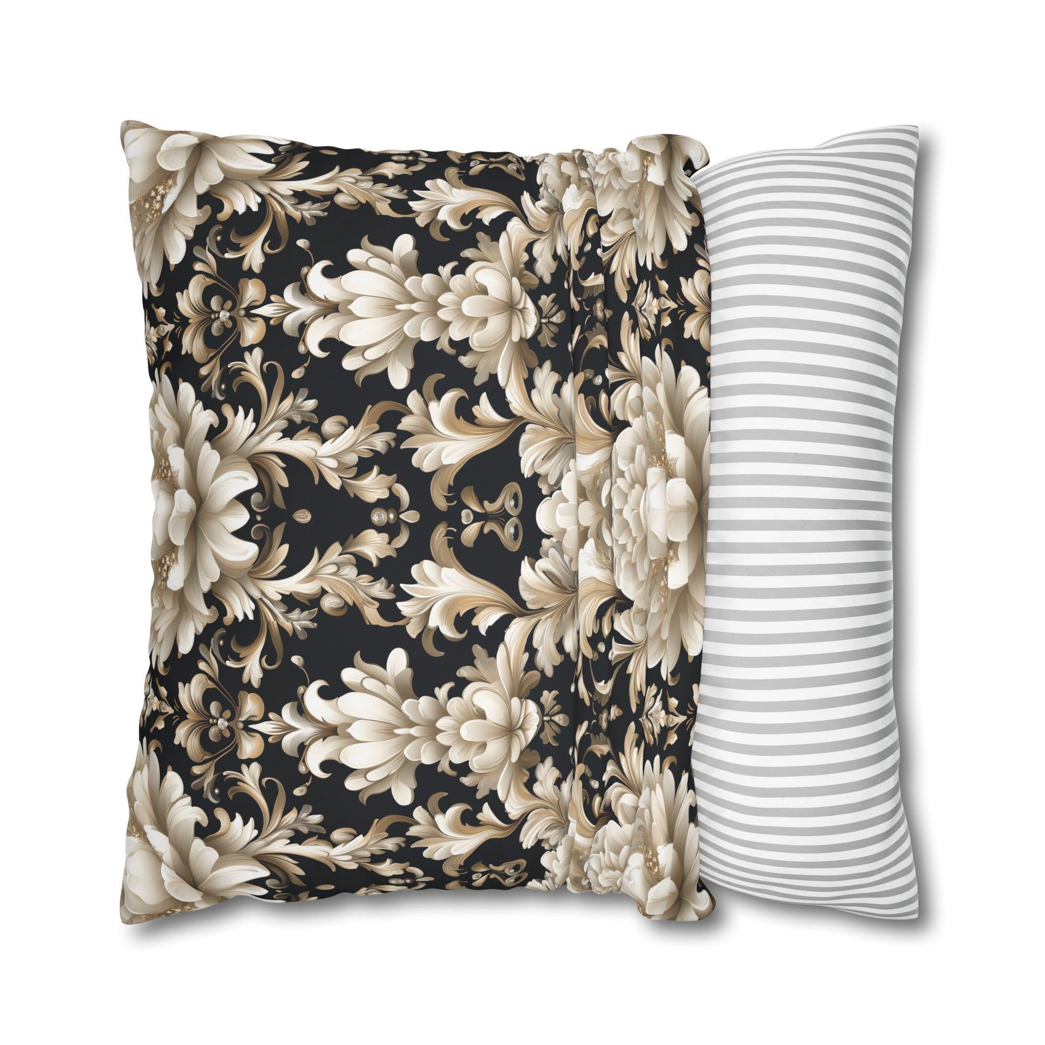 Floral Damask Pillow Cover, Ivory Champagne Gold on Black