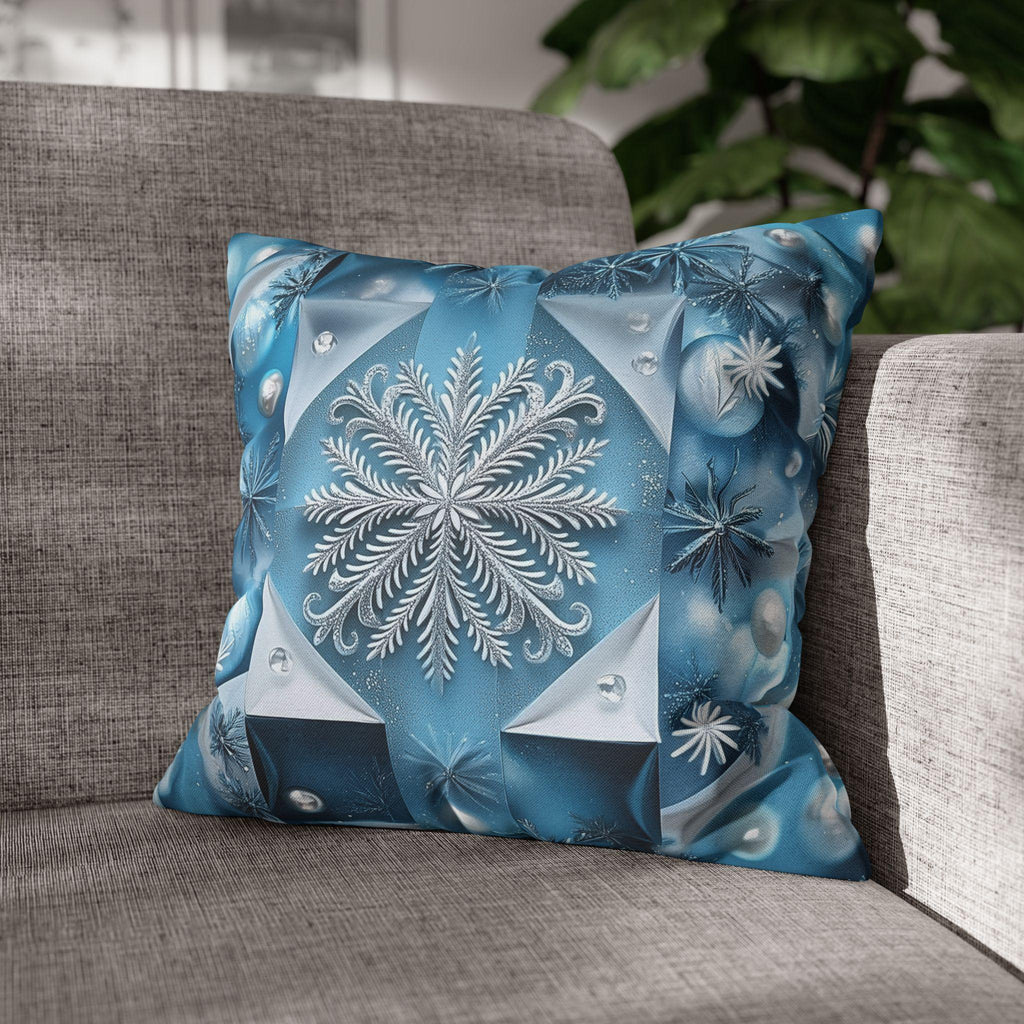 Icy Blue Frozen Snowflake Pillow Cover, with Silver & White Winter Home Decor Pillowcase