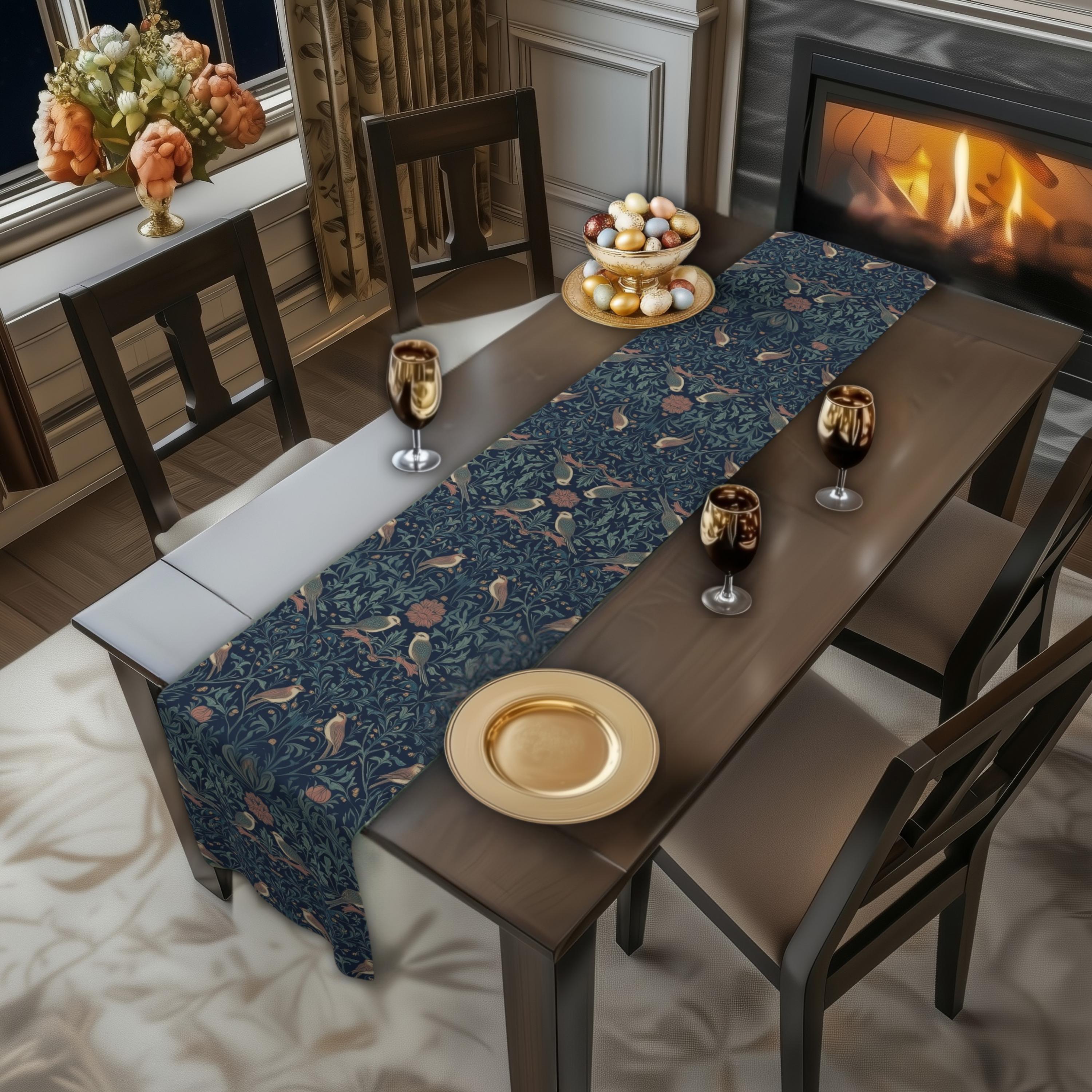 Midnight Songbirds Table Runner: William Morris Birds Pattern Revival