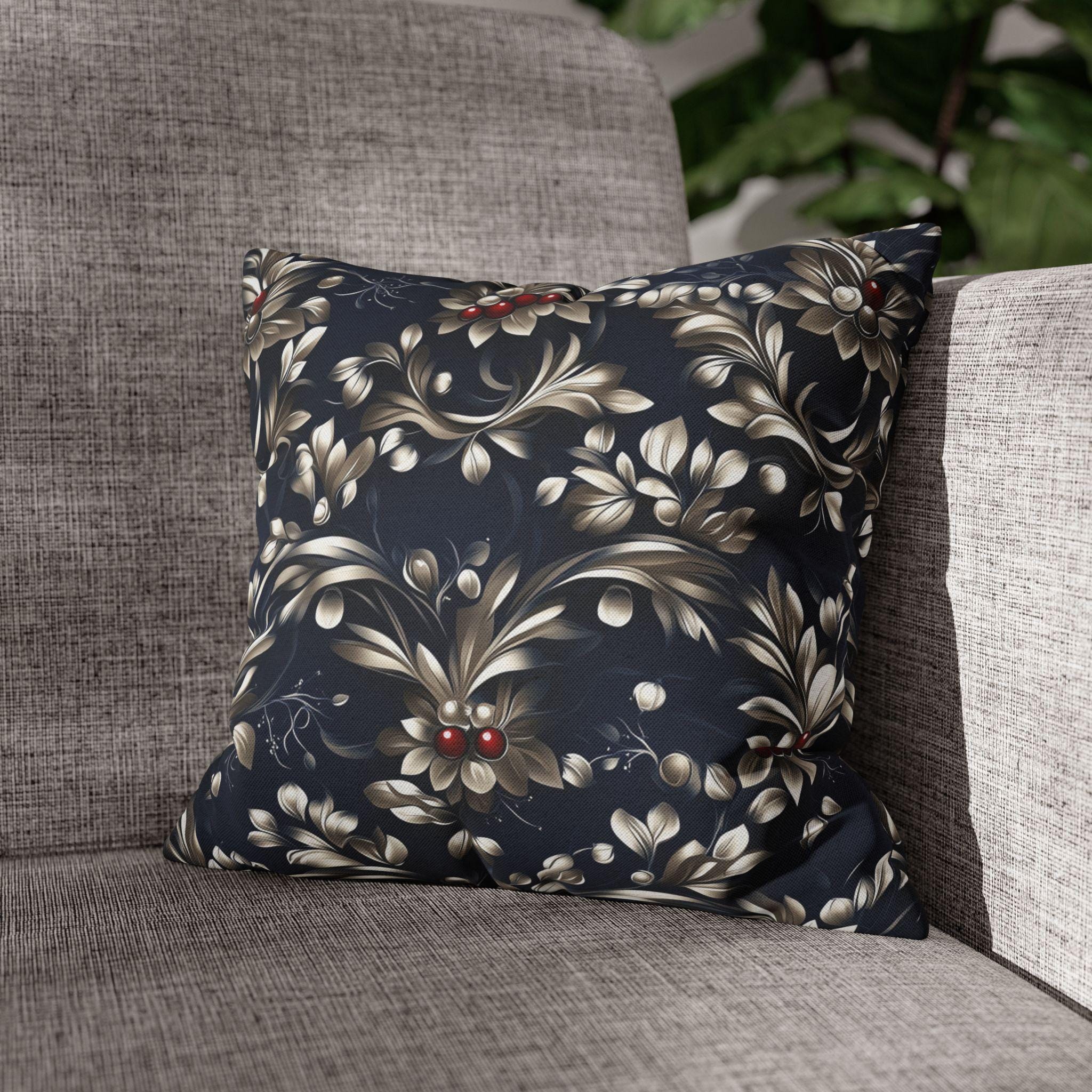 Navy Blue Holly Pillow Cover, Silver Leaf, Red Berry Christmas Decor