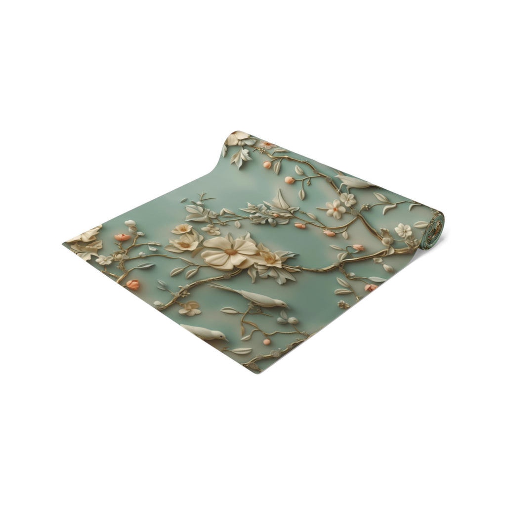 Elegant Chinoiserie Table Runner: Pastel Blue-Green Birds & Blossoms, 3D Floral Dining Decor